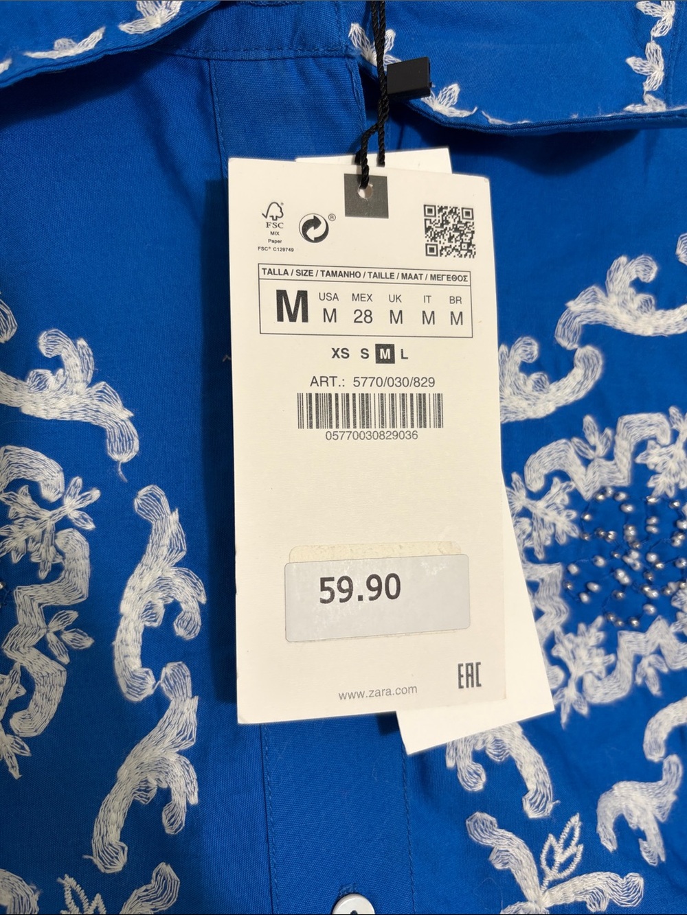 ZARA Bright Blue Embroidered Button-Front Blouse Medium - Picture 3 of 5